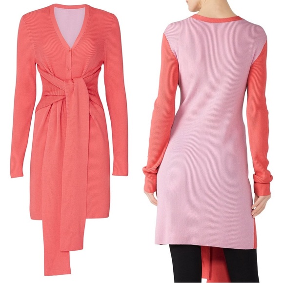 Tome Tie Front Long Ribbed Cardigan Mini Dress Size XS Two Tone Barbie Pink - Picture 1 of 9